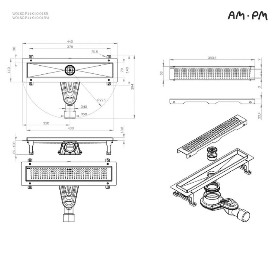 Дренажный канал Am.Pm MasterFlow W01SC-P11-040-01BM, 40 см, с перфорированной решеткой, цвет черный матовый