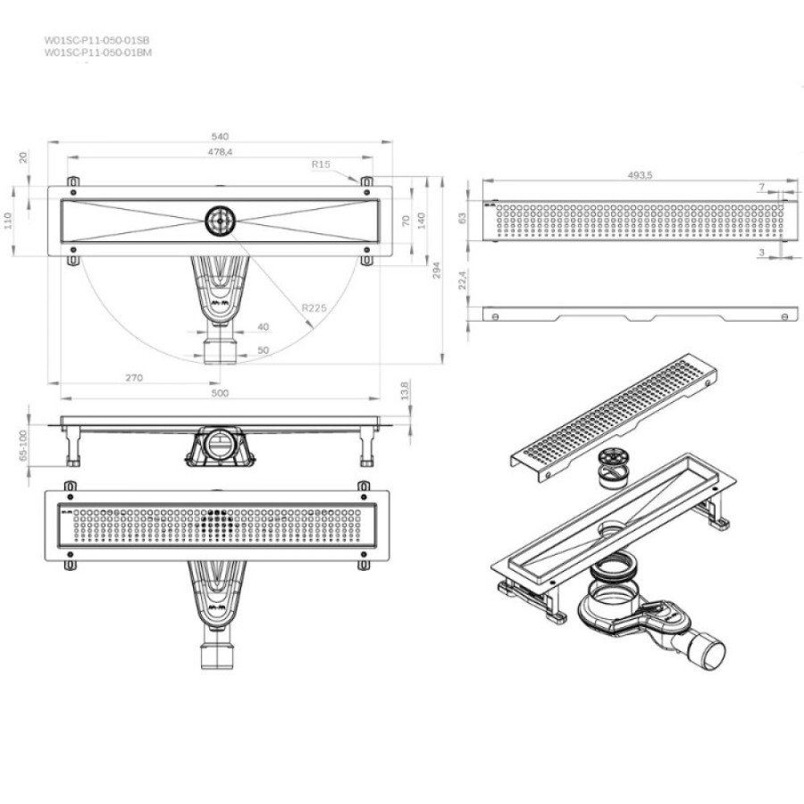 Дренажный канал Am.Pm MasterFlow W01SC-P11-050-01BM, 50 см, с перфорированной решеткой, цвет черный матовый