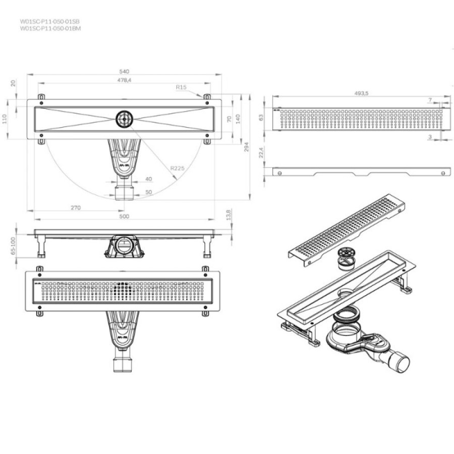 Дренажный канал Am.Pm MasterFlow W01SC-P11-050-01SB, 50 см, с перфорированной решеткой, цвет стальной матовый