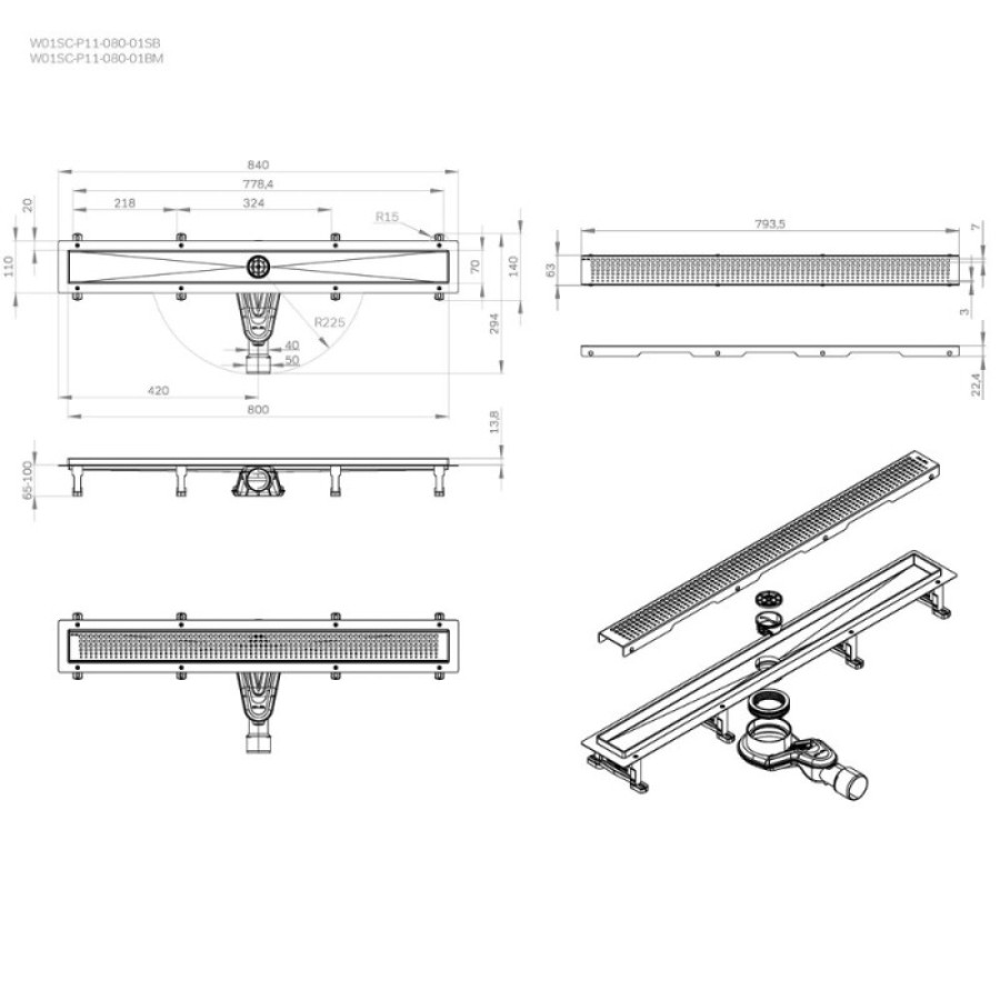 Дренажный канал Am.Pm MasterFlow W01SC-P11-080-01BM, 80 см, с перфорированной решеткой, цвет черный матовый