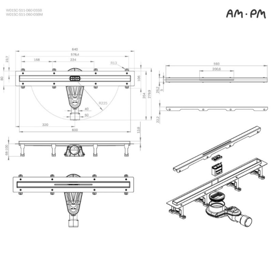 Дренажный канал Am.Pm MasterFlow W01SC-S11-060-05BM, 60 см, с щелевой вставкой, цвет черный матовый