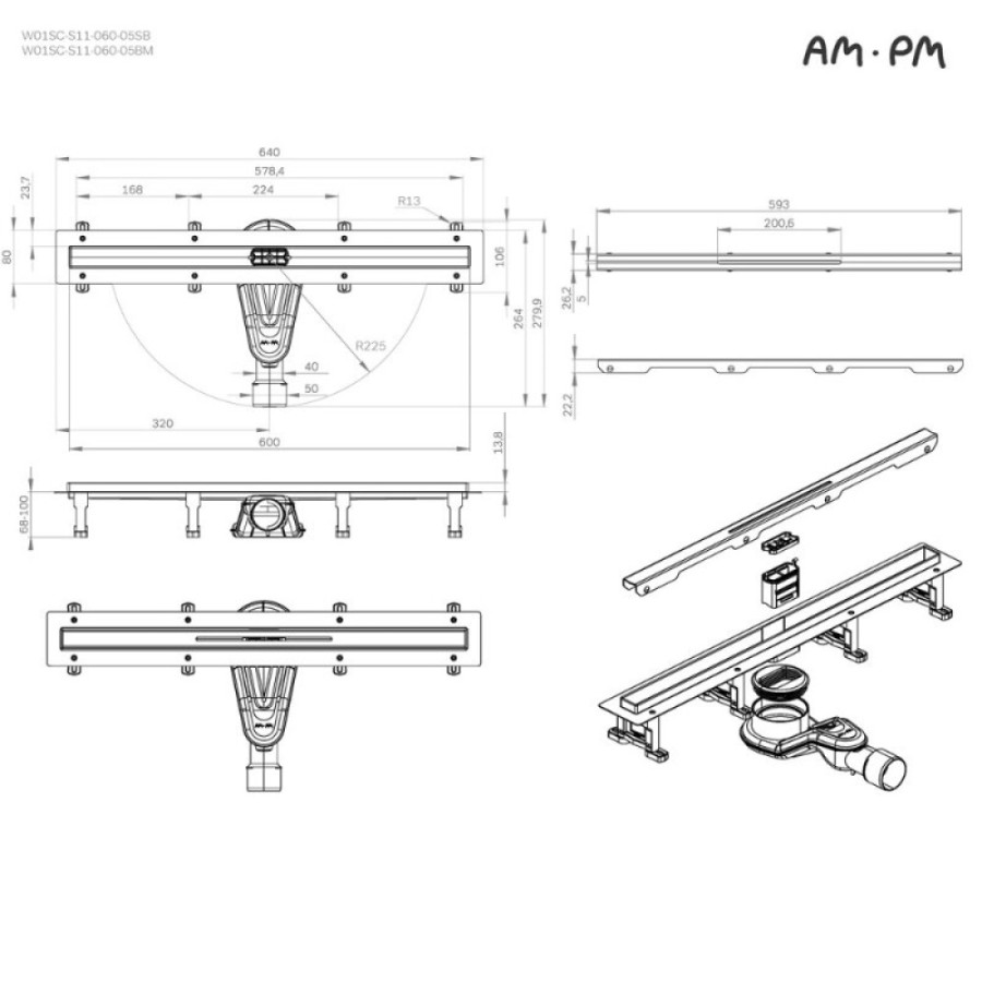 Дренажный канал Am.Pm MasterFlow W01SC-S11-060-05SB, 60 см, с щелевой вставкой, цвет стальной матовый