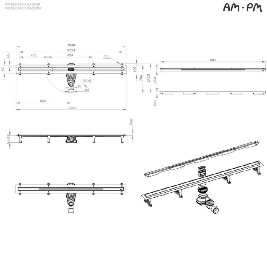 Дренажный канал Am.Pm MasterFlow W01SC-S11-100-05BM, 100 см, с решеткой, цвет черный матовый