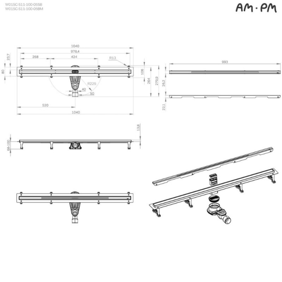 Дренажный канал Am.Pm MasterFlow W01SC-S11-100-05SB, 100 см, с щелевой вставкой, цвет стальной матовый