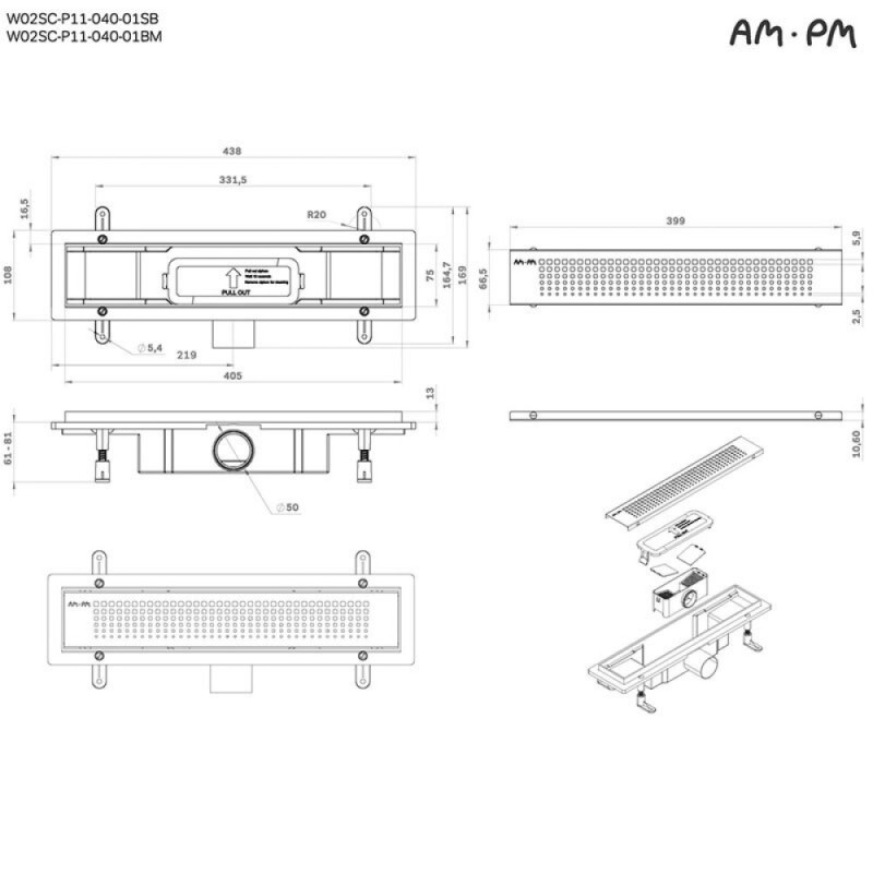 Дренажный канал Am.Pm PrimeFlow W02SC-P11-040-01SB, 40 см, с перфорированной решеткой, цвет хром