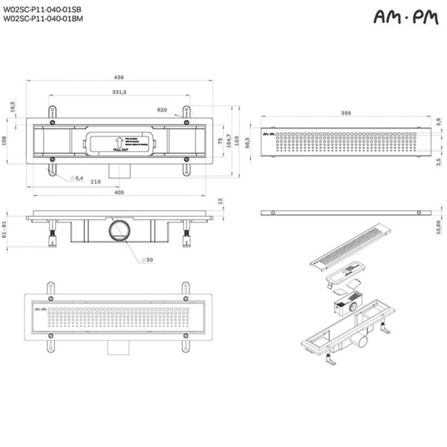 Дренажный канал Am.Pm PrimeFlow W02SC-P11-040-01SB, 40 см, с перфорированной решеткой, цвет хром
