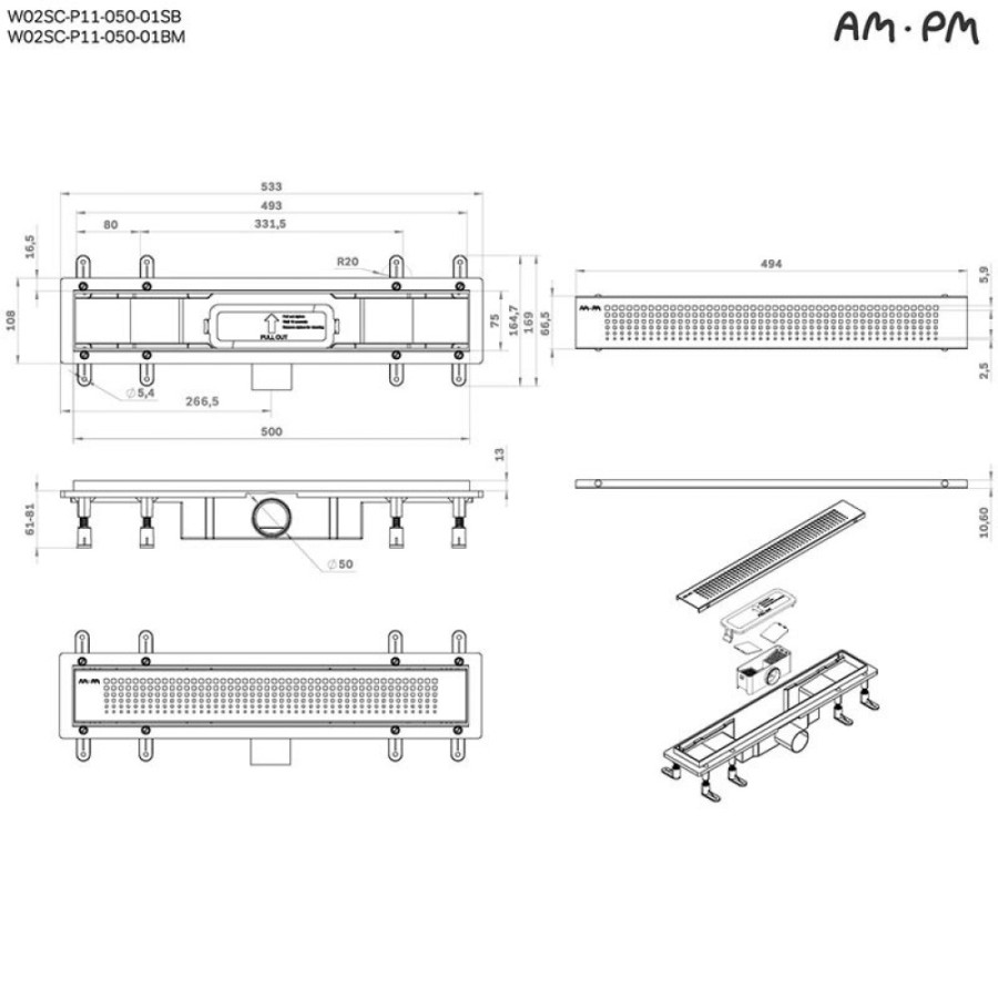 Дренажный канал Am.Pm PrimeFlow W02SC-P11-050-01BM, 50 см, с перфорированной решеткой, цвет черный матовый
