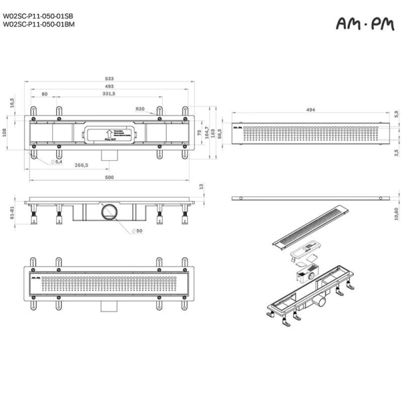 Дренажный канал Am.Pm PrimeFlow W02SC-P11-050-01SB, 50 см, с перфорированной решеткой, цвет хром