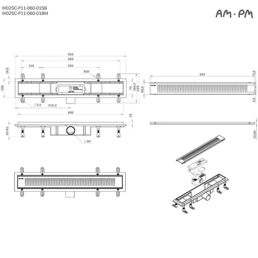 Дренажный канал Am.Pm PrimeFlow W02SC-P11-060-01BM, 60 см, с перфорированной решеткой, цвет черный матовый