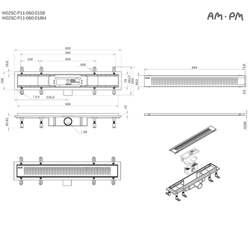 Дренажный канал Am.Pm PrimeFlow W02SC-P11-060-01SB, 60 см, с перфорированной решеткой, цвет хром