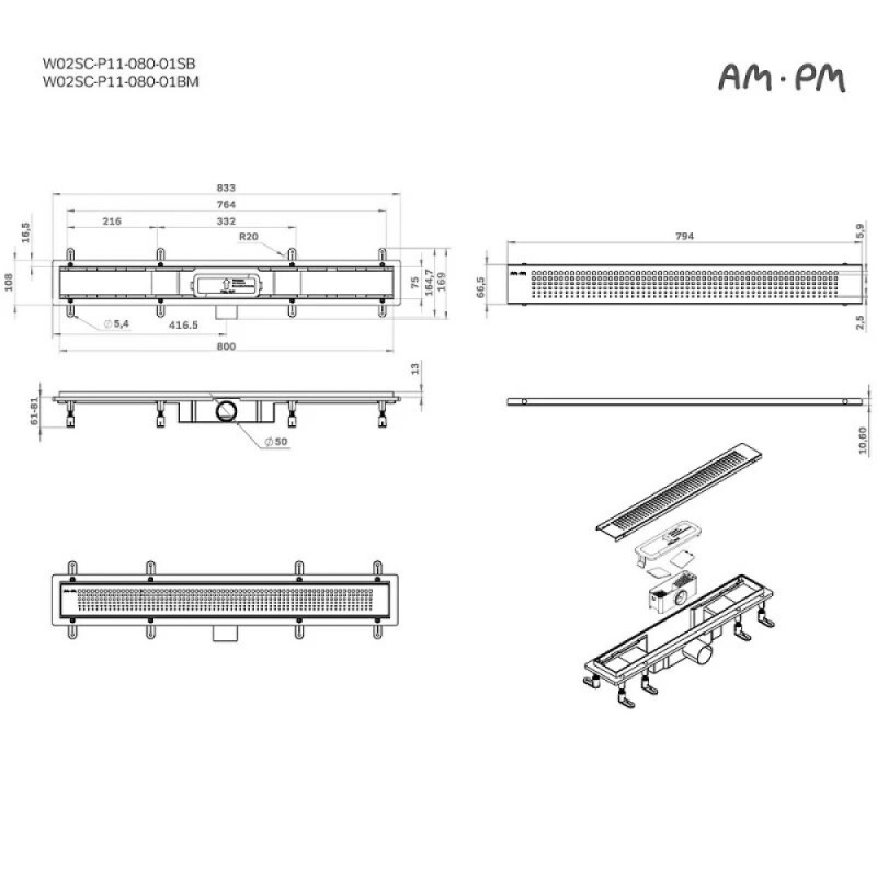 Дренажный канал Am.Pm PrimeFlow W02SC-P11-080-01BM, 80 см, с перфорированной решеткой, цвет черный матовый