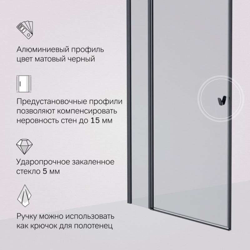 Душевая дверь в нишу Am.Pm Sunny W87G-100-1P-BT, 100 см, стекло прозрачное, профиль черный матовый матовый