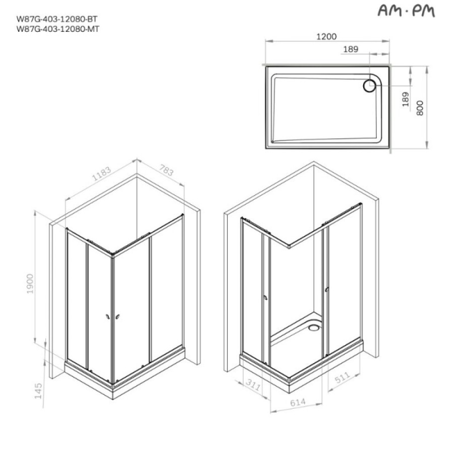 Душевой уголок Am.Pm Sunny W87G-403-12080-BT, 120 x 80 см, стекло прозрачное, профиль черный матовый