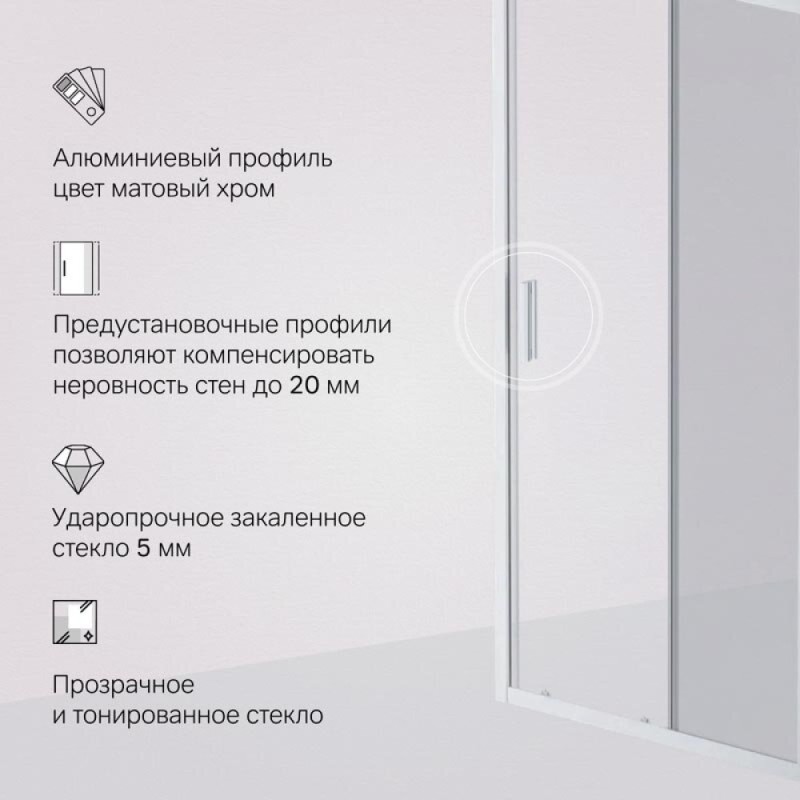 Душевая дверь в нишу Am.Pm Gem Solo 100 х 195 см, раздвижная, стёкла прозрачное и тонированное, профиль хром матовый, W90G-100-1-195MG