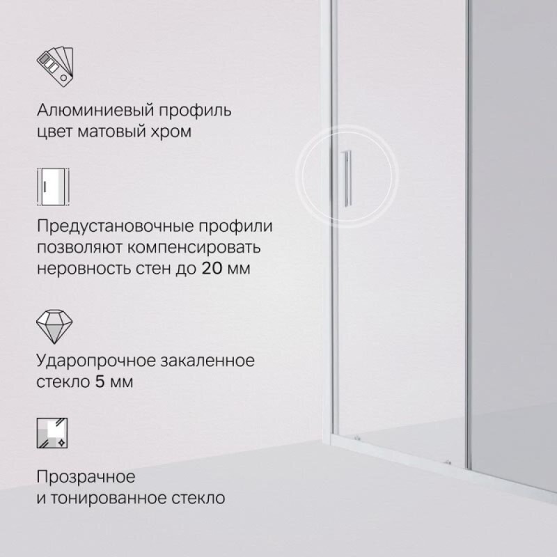 Душевая дверь в нишу Am.Pm Gem Solo 120 х 195 см, раздвижная, стёкла прозрачное и тонированное, профиль хром матовый, W90G-120-1-195MG