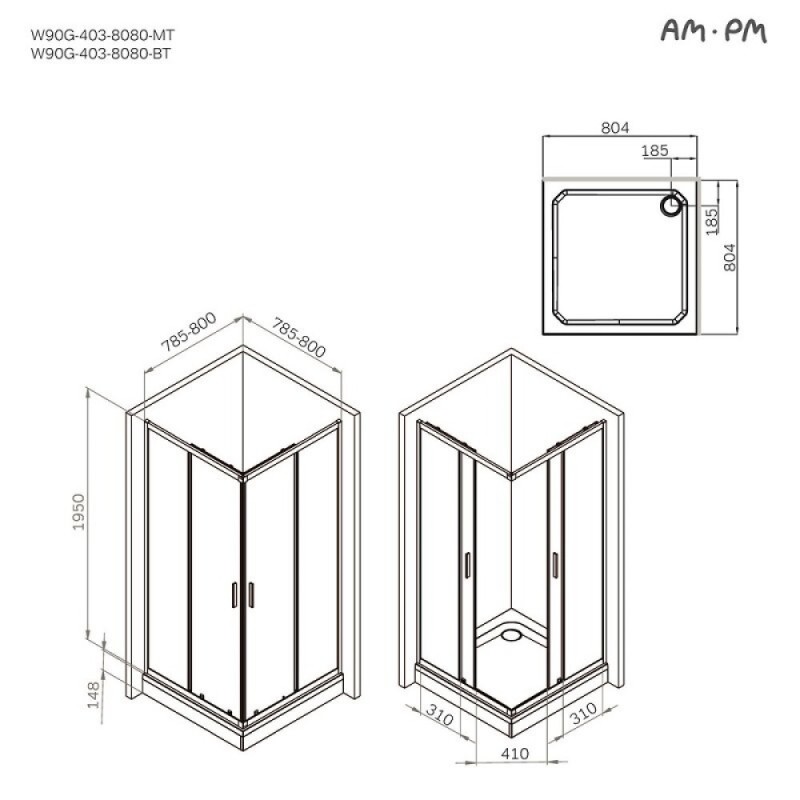 Душевой уголок Am.Pm Gem W90G-403-8080-MT, 80 x 80 см, стекло прозрачное, профиль хром матовый