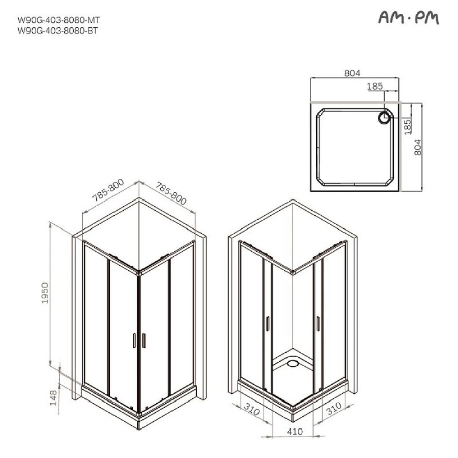 Душевой уголок Am.Pm Gem W90G-403-8080-MT, 80 x 80 см, стекло прозрачное, профиль хром матовый