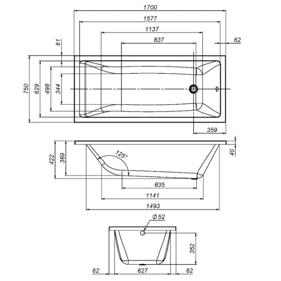 Акриловая ванна Am.Pm Gem 170 x 75 см, белый, W93A-170-075W-A