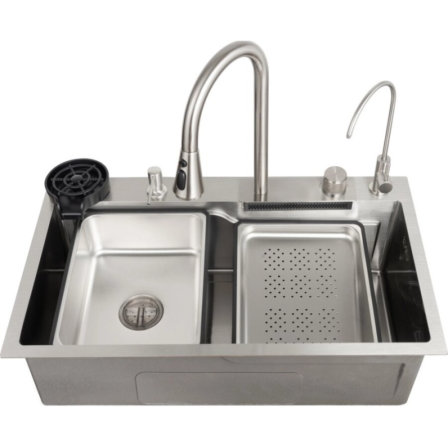 Мойка для кухни Zorg Master ZM 7546, 75 х 46 см, с каскадным смесителем, доской, краном питьевой воды, дозатором, нержавеющая сталь