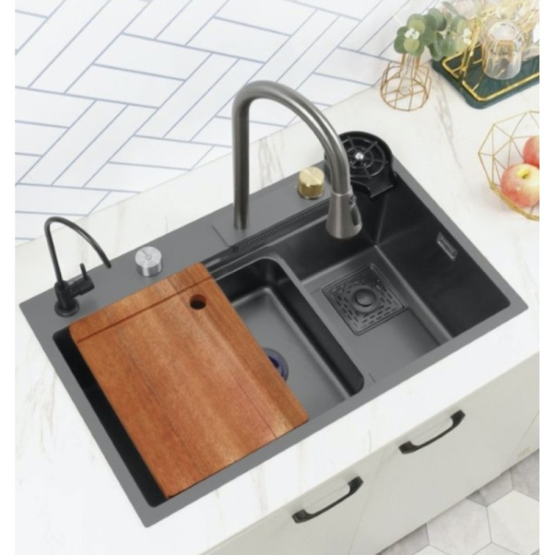 Мойка для кухни Zorg Master ZM 7546 GRAFIT, 75 х 46 см, с каскадным смесителем, доской, краном питьевой воды, дозатором, графит